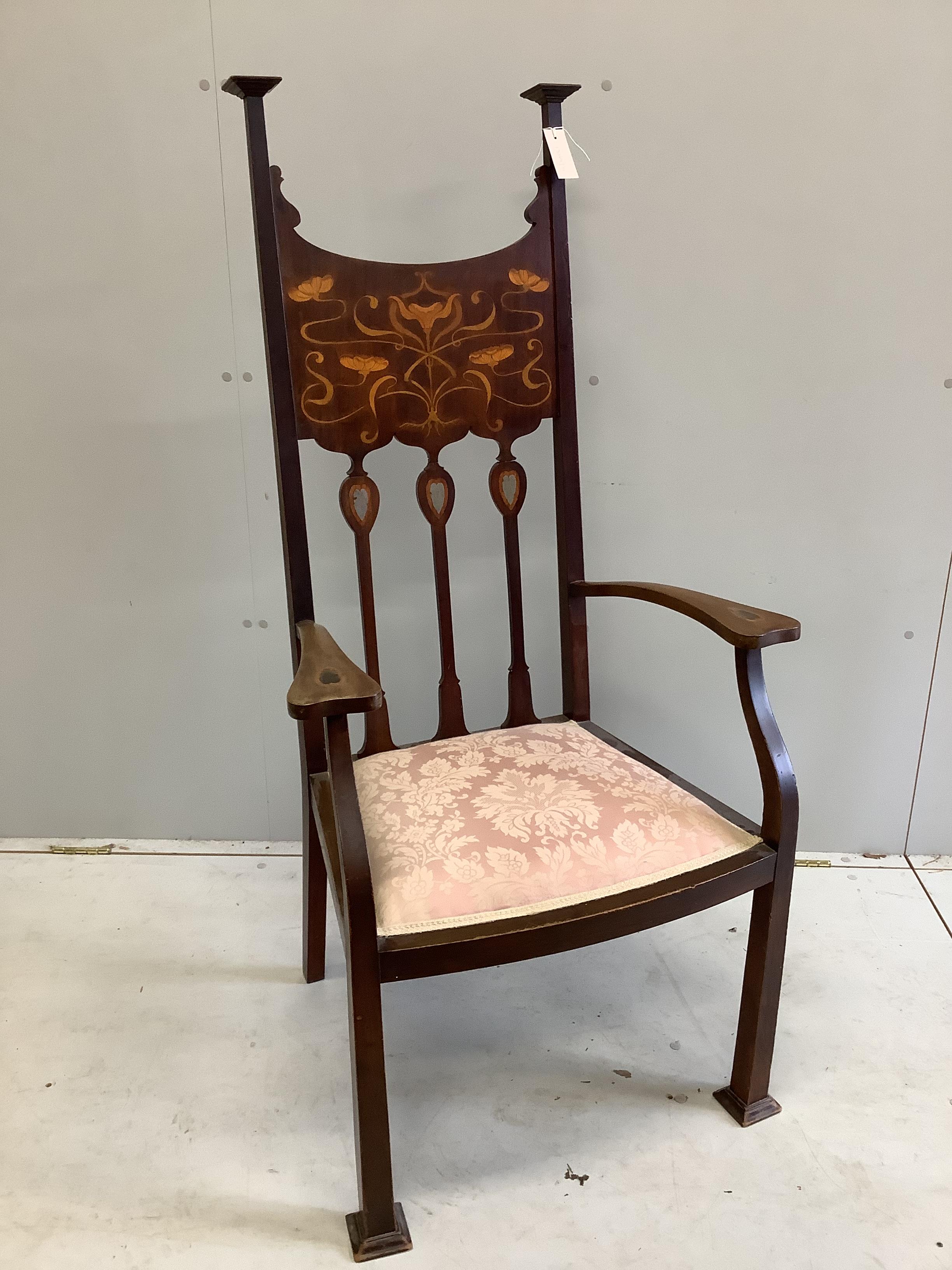 An Art Nouveau inlaid mahogany elbow chair, possibly Shapland & Petter
